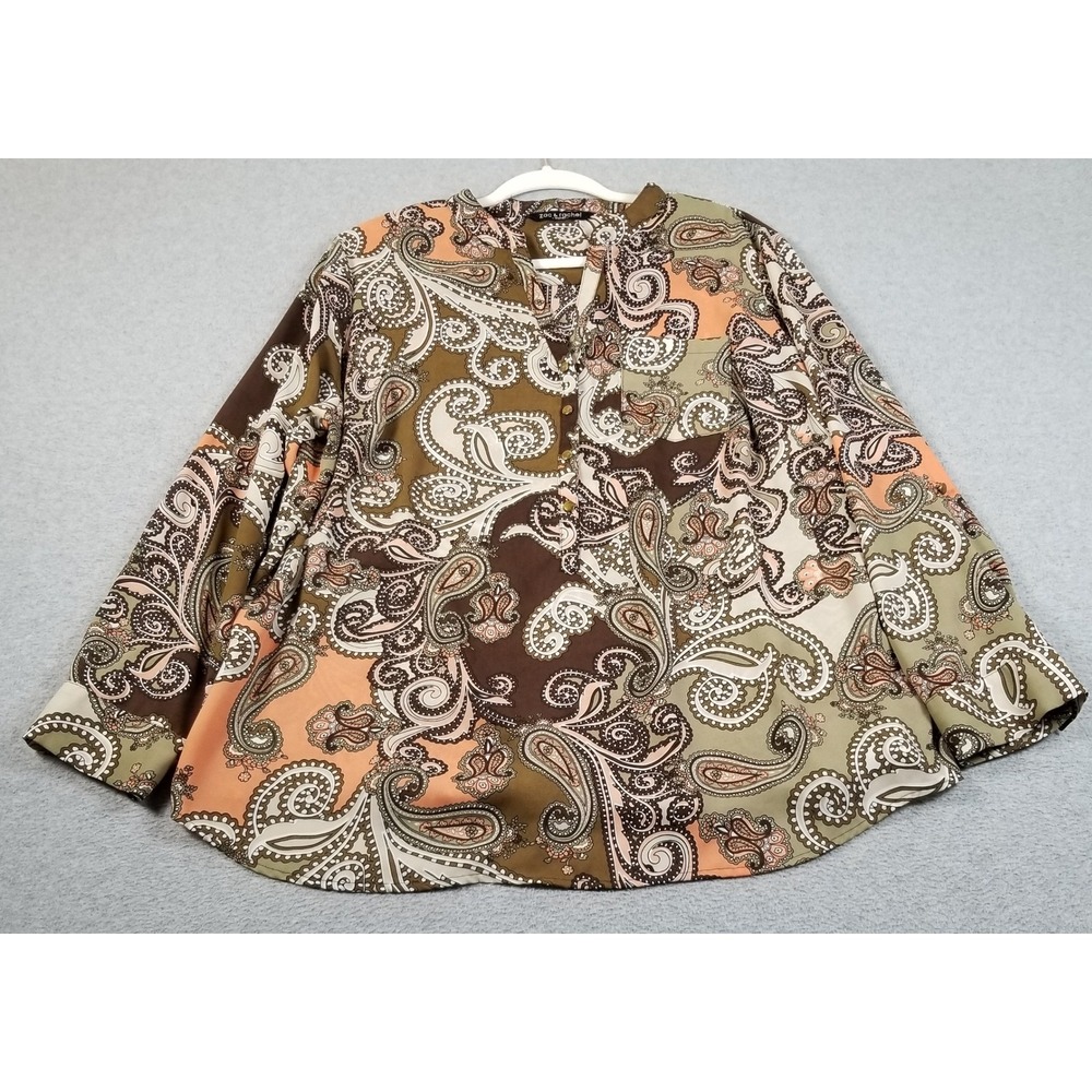 Zac & Rachel Blouse Women 2X Plus Brown Green Paisley Henley Roll Tab Sleeve Top